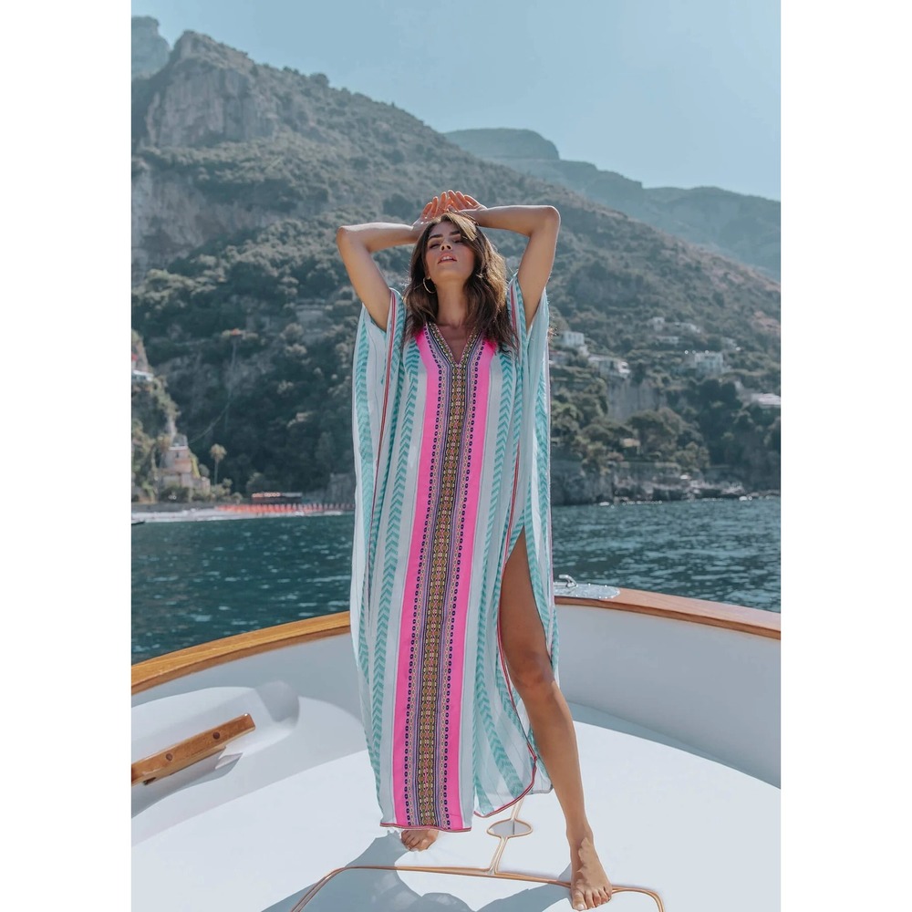 NWT!! PITUSA Thobe Light Blue Stripe Kaftan Aqua Striped Tribal One Size Petite